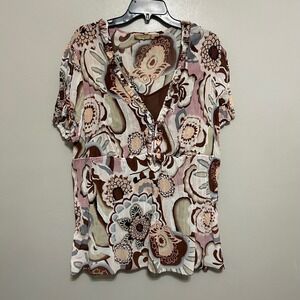 Notations Women's Blouse 1X 3X Brown Floral Boho Ruffle V-Neck Tank Sheer Tunic